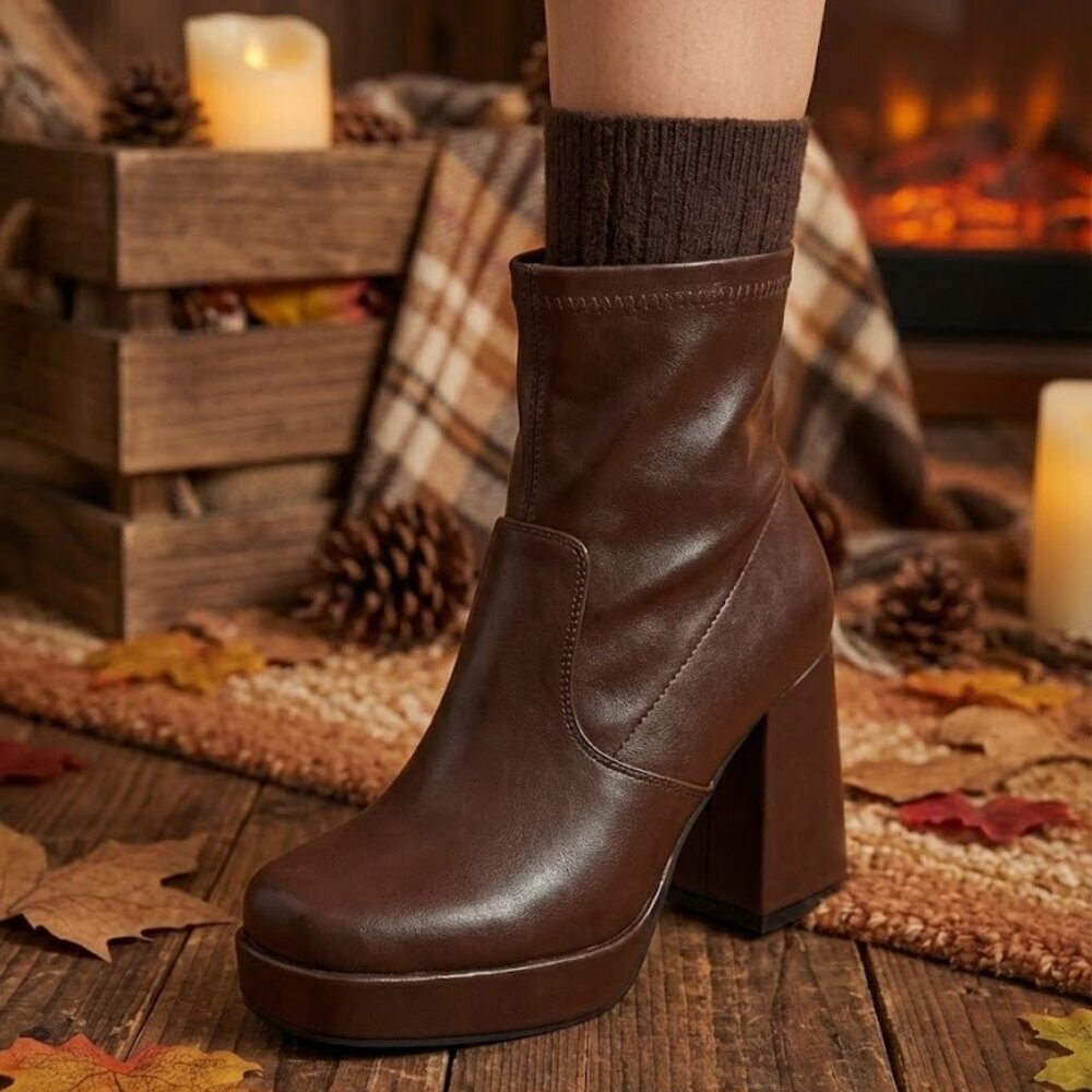 NWT Pazzle Chocolate Brown Platform Block Heel Sock Boots Square Toe Ankle Booti - Picture 5 of 5
